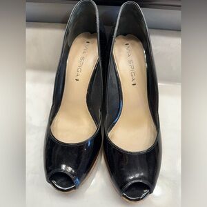 Via Spiga Black Patent Peep Toe Wedges Size 38/7.5